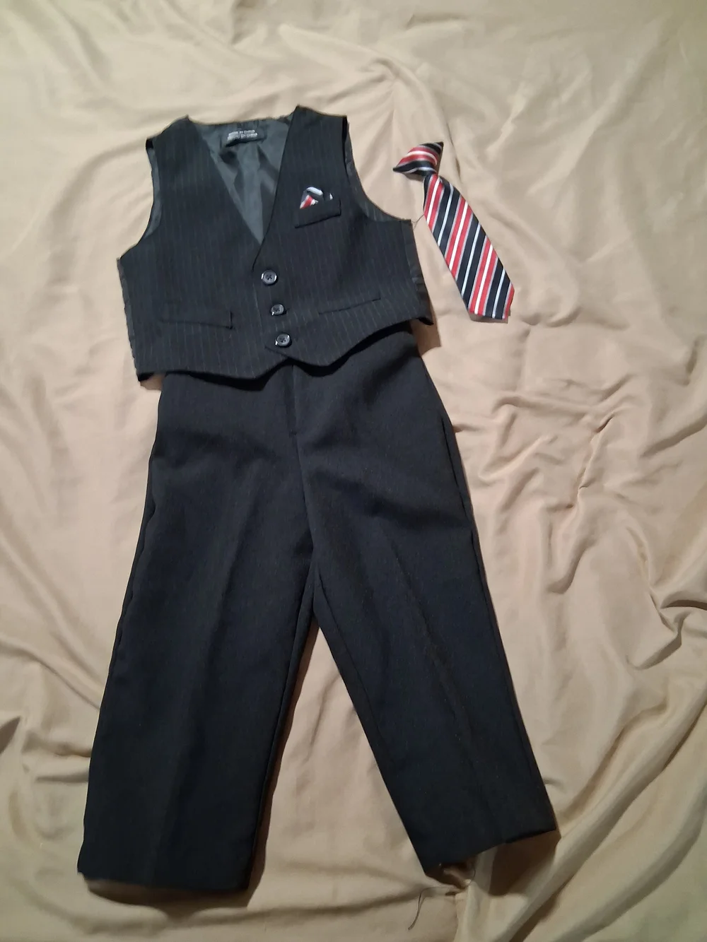 Baby Boy Suit Black Pants Pinstripe Vest Matching Set Red Stripe Tie 18M Outfit